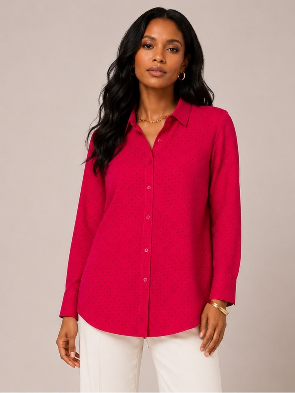 Chico's No-Iron Polka-Dot Blouse Buttoned Collared Women Size 1/ M 100% Cotton